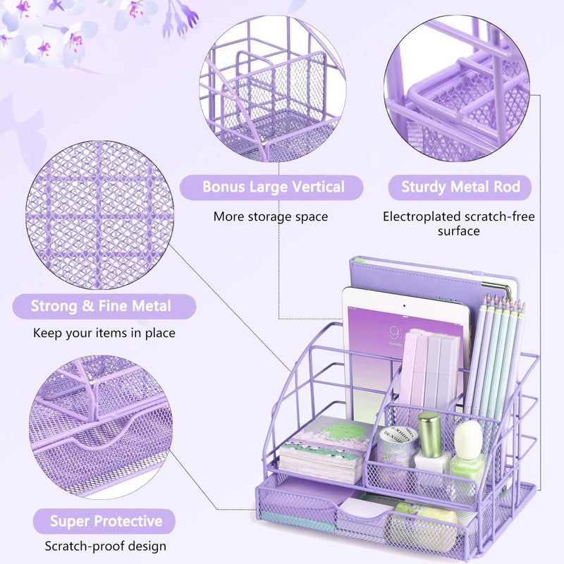 Scindaly Purple Desk Organizers and Accessories  Purple Office Supplies with Mesh Desk Organizer  Acrylic Tape Dispenser and Stapler  Staples  Ballpoint Pen  Clips Set  Ruler  Scissor  Sticky Labels - Image 2